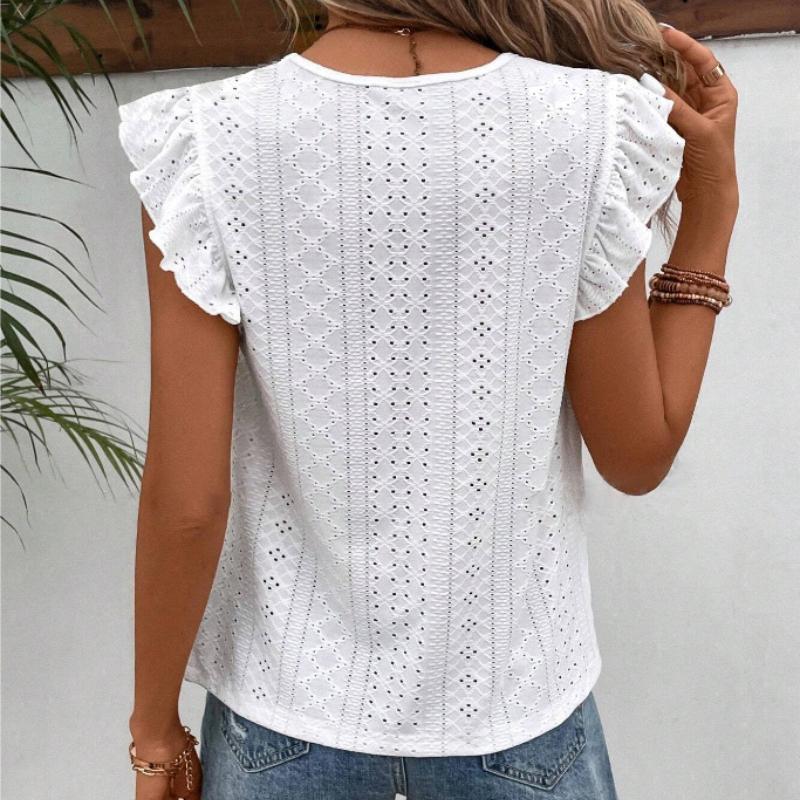 Summer New Round Neck Hollow Loose Lace Shirts Women Elegant Solid Ruffled Short Sleeve Casual Blouse Women Tops Slim Fit Vintage Fashion Shirt 26600