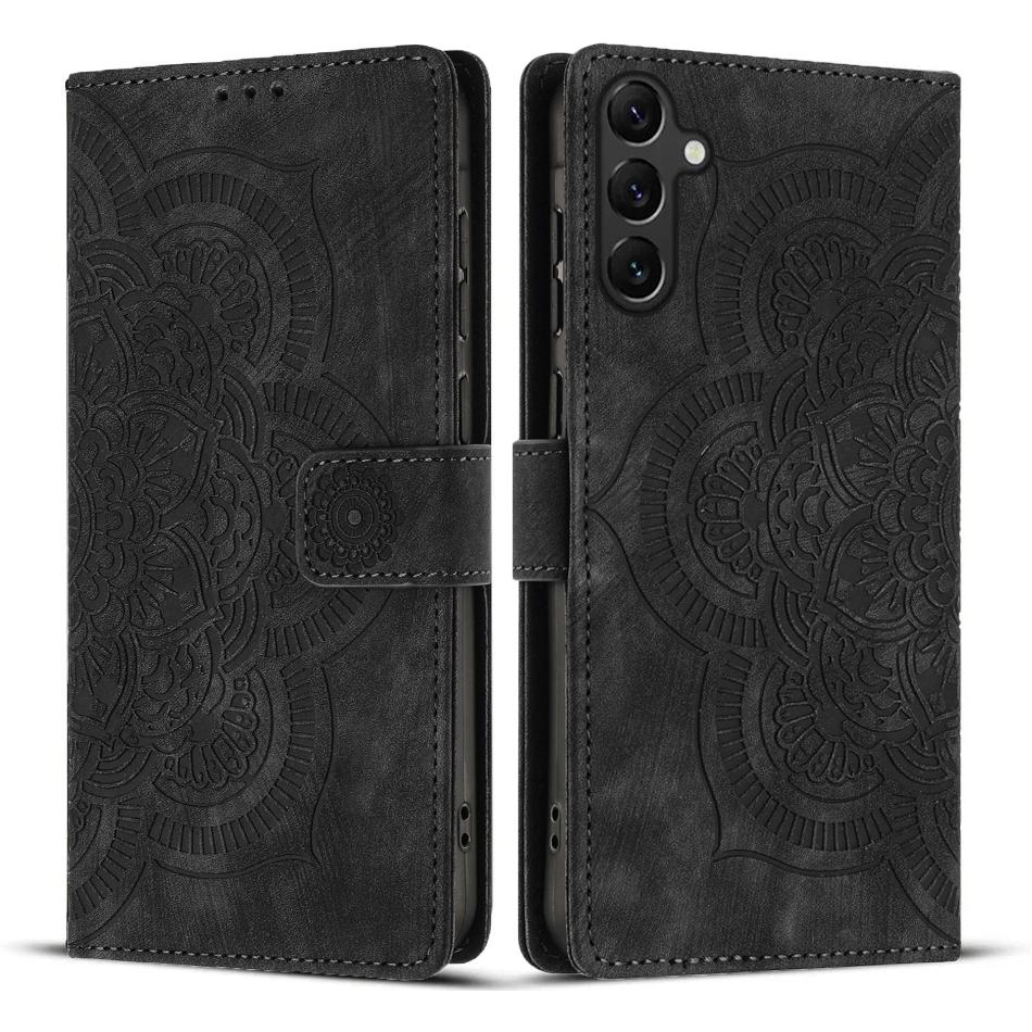 

For Samsung Galaxy A24 4G (162.1 x 77.6 x 8.3mm) Leather Case WANLONFENG HDM Series Mandala Imprint Wallet Stand Phone Cover Black