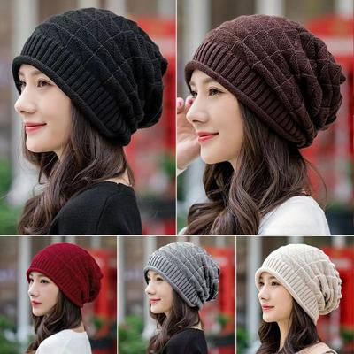 Fashion Baggy Knitted Hat Solid Color Thickened Wool Bonnet Caps Keep Warm Oversized Beanie Hats Winter
