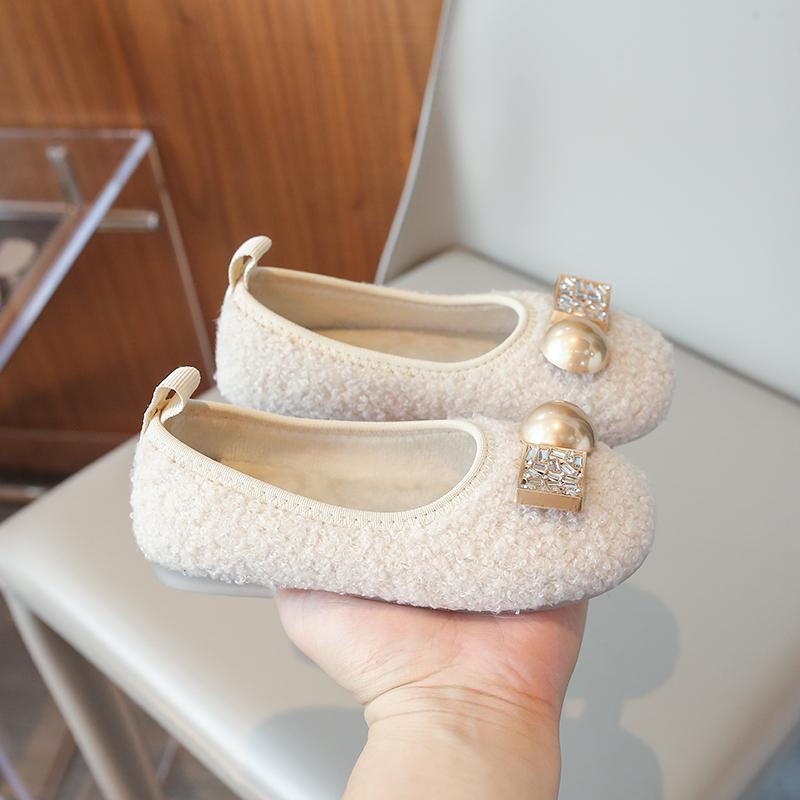 Autumn Winter Solid Girls Flats Shoes Rhinestones Short Plush Warm Kids Ballet Flats Princess Toddler Children Fashion Shoes