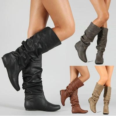 Fashion Women Leather Boots Fashion Pleated Wedge Long Boots Round Toe Autumn Winter Solid Slip On Shoes Ladies High Boot Botas De Mujer