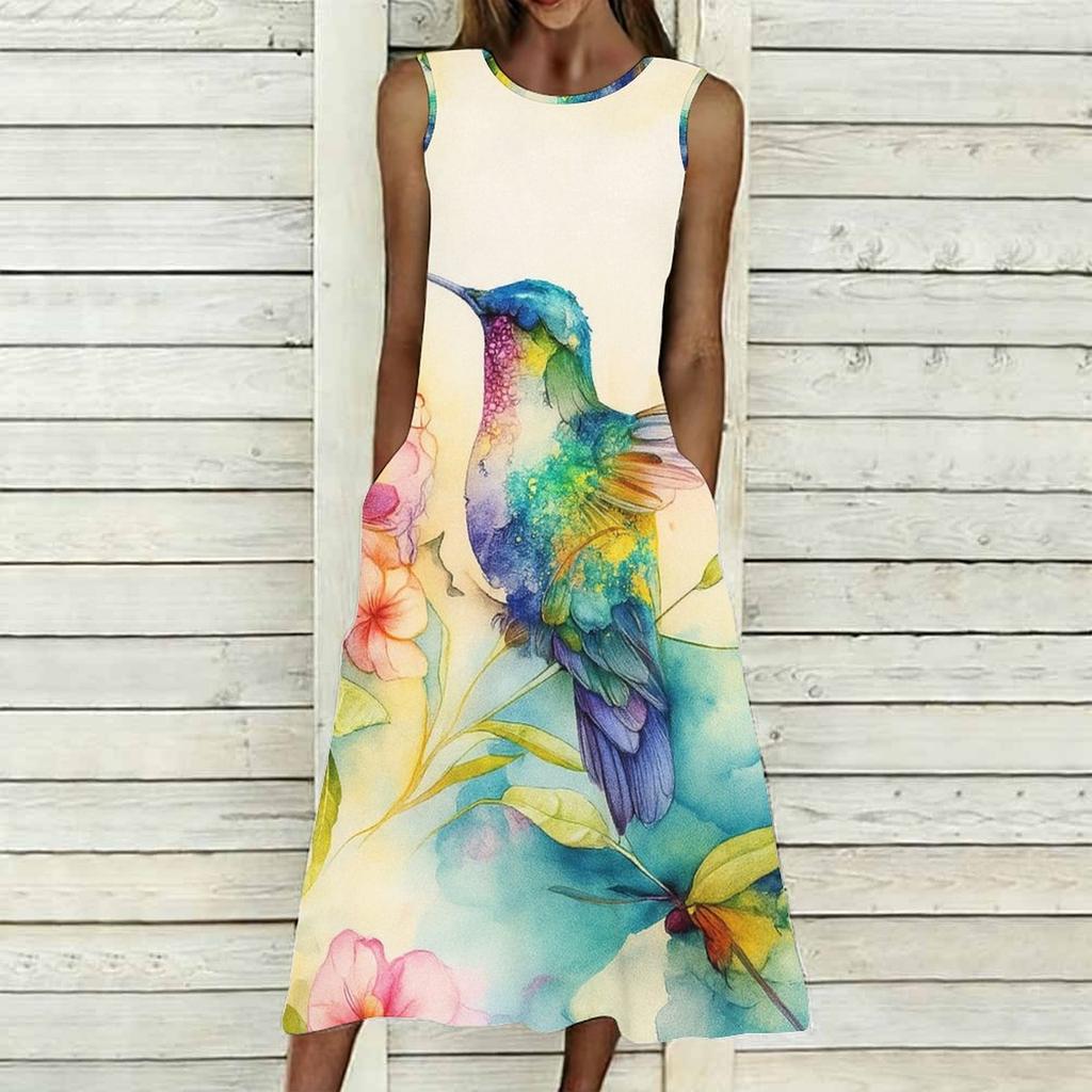 Plus Size Sleeveless Round Neck Dress Retro Tiny Floral Print Flowy Midi Dress