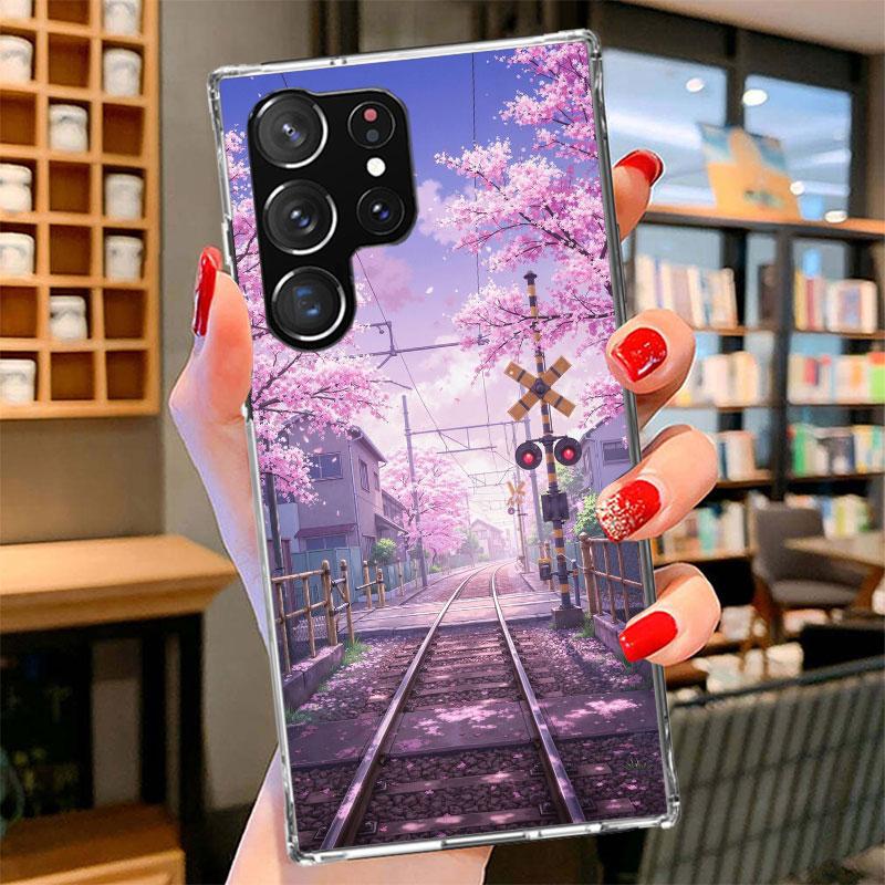 Retro Japanese Sakura Train Phone Case For Samsung Galaxy S26 S25 Edge S24 Ultra S23 S22 Plus S21 S20 FE Soft Fundas Shell Galax