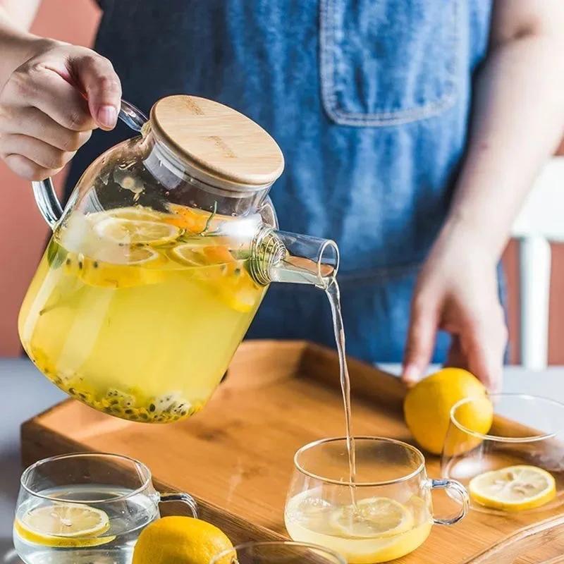 1/1,8 l Glasteekanne mit Bambusdeckel Transparenter hitzebeständiger Krug aus dickem Glas Kaltwasserkrug Haushalts-Puer-Wasserkocher Teekanne