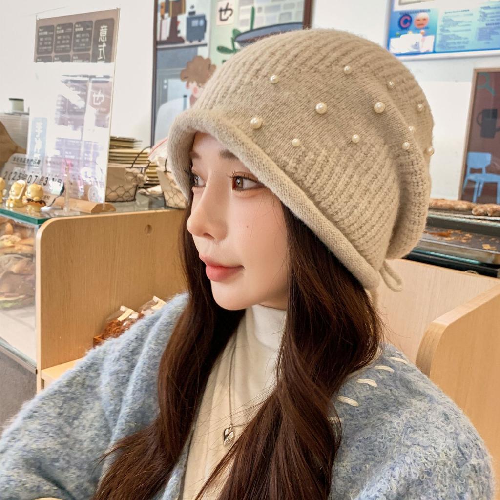 High-end Heavy Industry Handmade Pearl Fashion Knitted Hat Women's Autumn and Winter New Versatile Wool Hat Warm Ear Protection Hat Tide