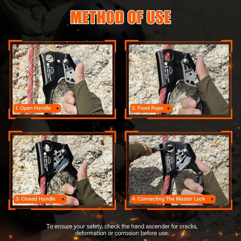 Hand Ascender High strength aluminum Alloy Climbing Ascender with Ergonomic Rubber Handle Strong Rappelling Gear Equipment for Rock Climbing Tree