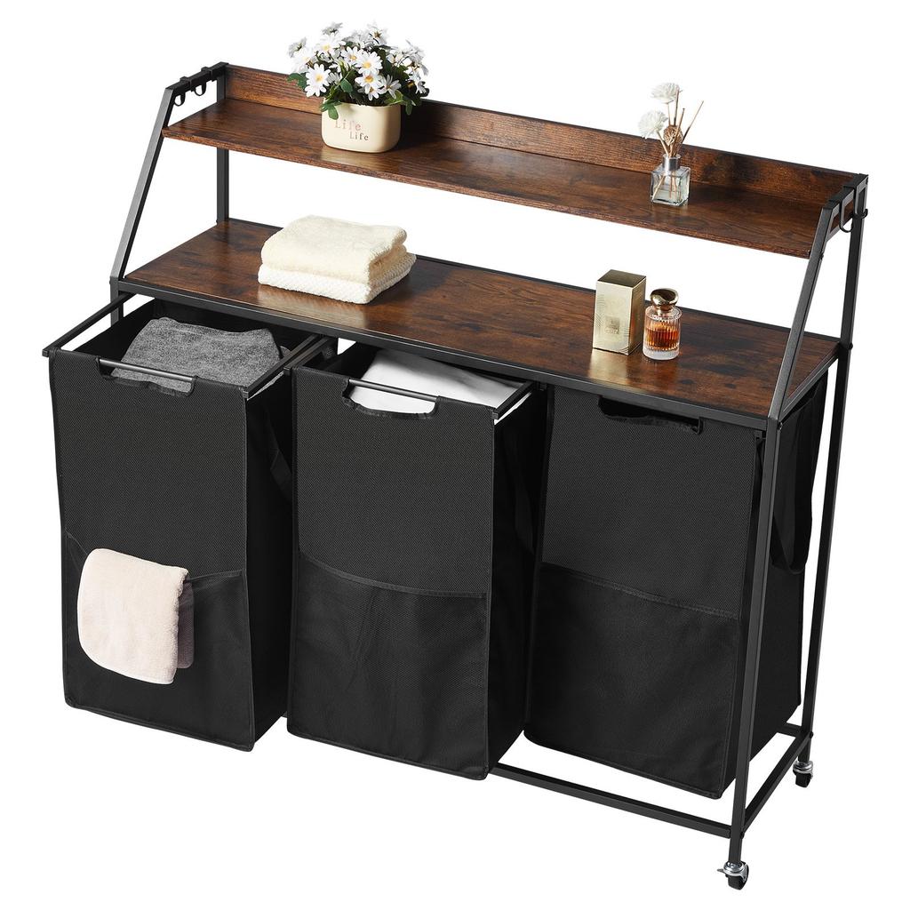 VEVOR 2 Tiers Laundry Sorter, Tall Laundry Hamper with Metal Frame and Wooden Tabletop