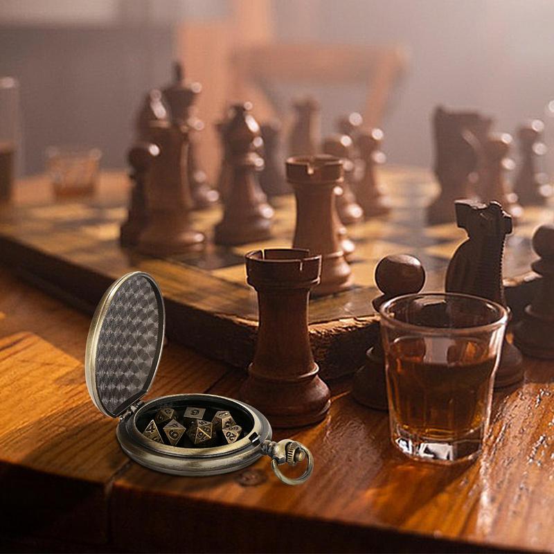 Metal Polyhedral Dice Set Metal Dice With Pocket Watch Shell Portable Vintage Steampunk Exquisite Dice For Games Lovers Math