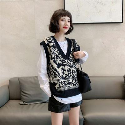 Jacquard Knitted Sweater Vest Women Spring and Autumn V Neck Versatile Outwear Loose Korean Sweater Tank Pullover Female Top