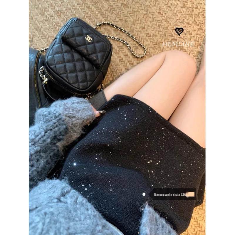 Elegant High-Waisted Black Wool A-line Glitter Skirt for Women - Autumn Slimming Hip-Hugging Design