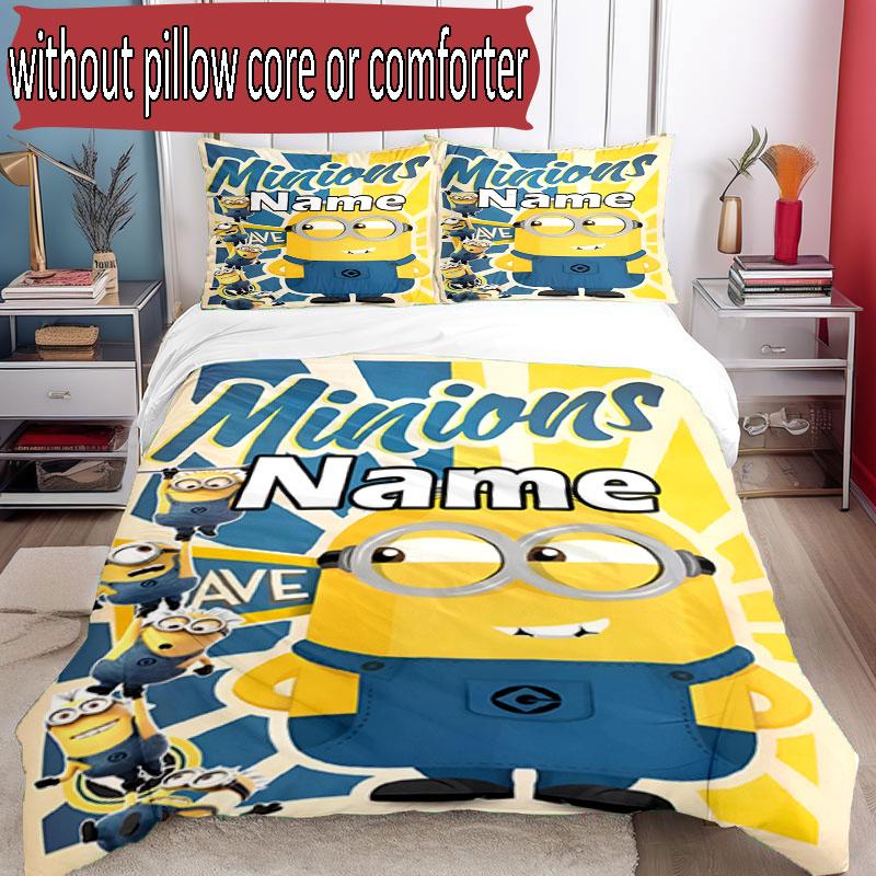 3pcs Duvet Cover Set (1*Duvet Cover + 2*Pillowcase, Without Core), Custom Name Minions Pattern Bedding Set, Home Bedroom Decor Gift