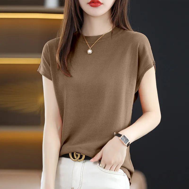 

Женский летний топ из ледяного шелка с круглым вырезом, коротким рукавом и свободной вязкой L for 106-115 jin верблюд