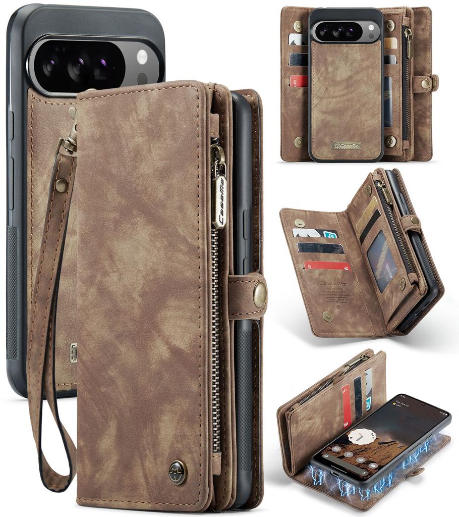 Detachable Magnetic Leather Phone Case for Google Pixel 10 Pro XL Pixel9 9A Wireless Charging Card Slot Wallet Hand Strap Cover