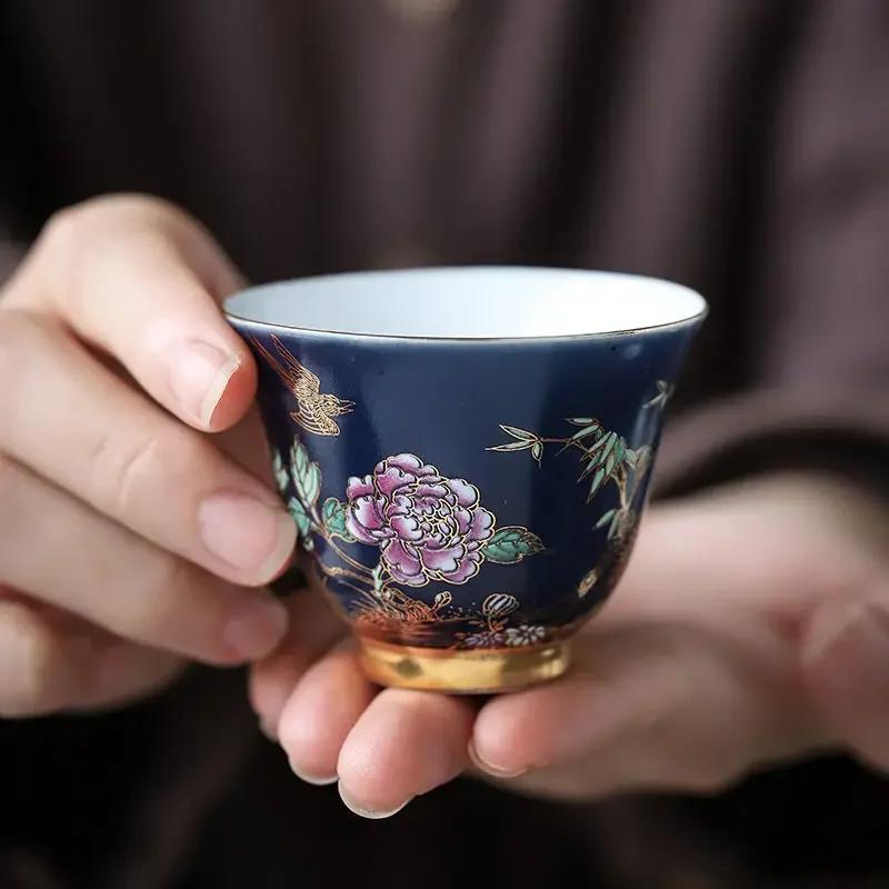 Ceramic Tea Cup with Gold Outline Chinese Kung Fu Master Cup Creative Gift Box Set of 6 Unique  Stylish Tea Drinking Accessories