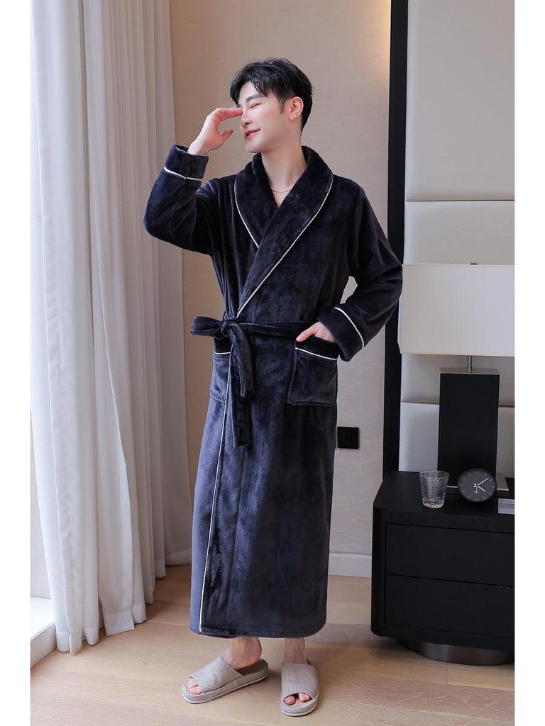 Couple's Coral Fleece Pajama Set: Women's & Men's Long, Thick, Warm Bathrobe for Autumn & Winter