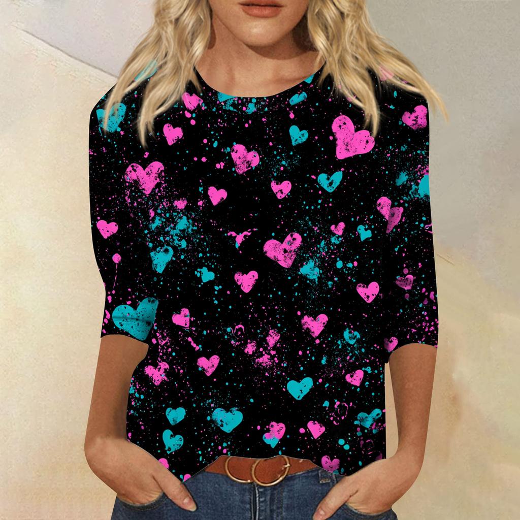 Women's Tops Three-quarter Sleeve Shirt V-neck Loose Casual Shirt Print T-shirt