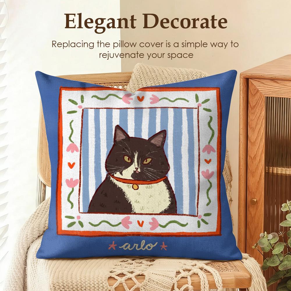 Cute Caroon Cat Portrait Cushion Cover Natural Linen Organic Fabric DoubleSided Printing Sofa Home Decor Gift Pillow Case