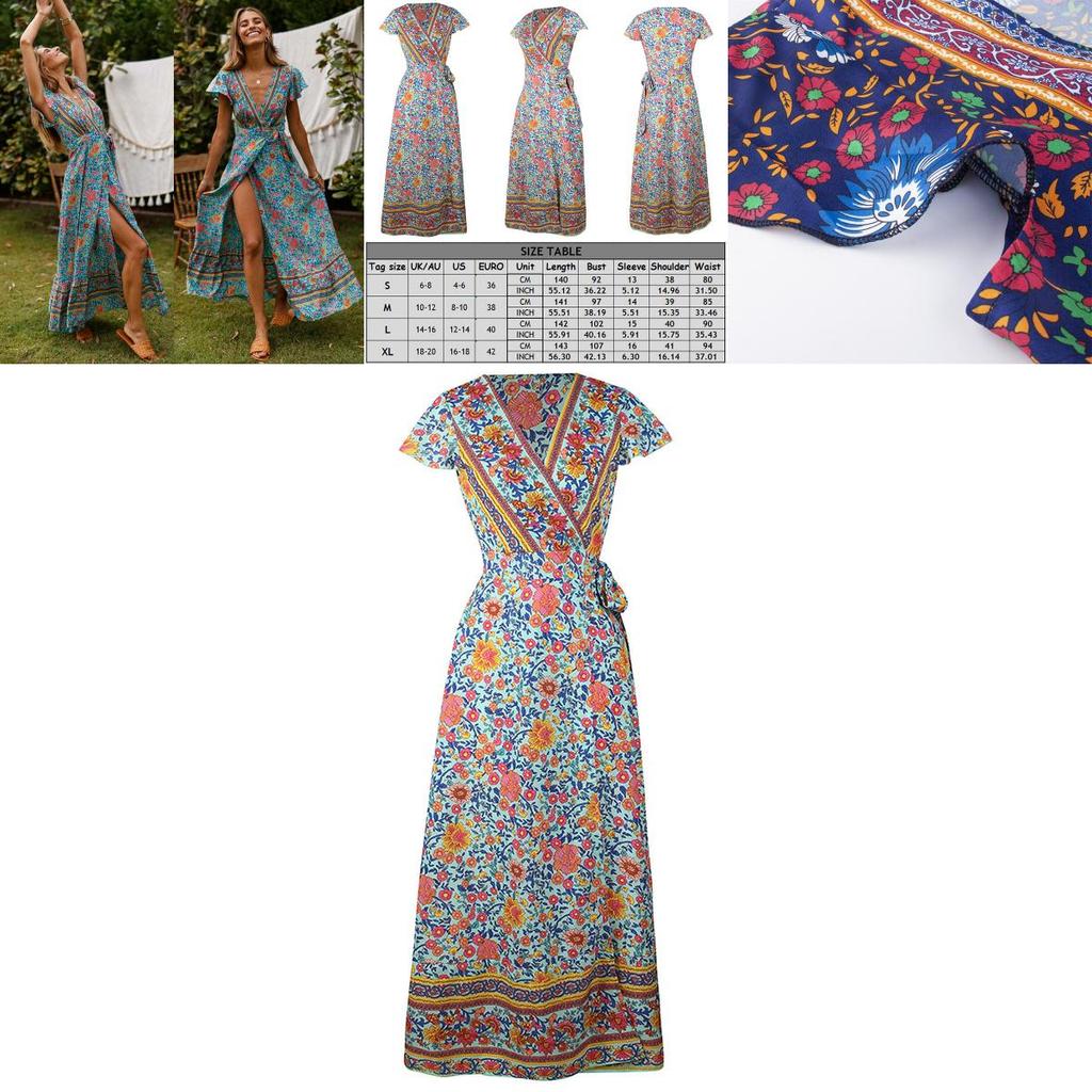 Women Wrap Summer Boho Floral Paisley Maxi Print Dress For Effortless Style