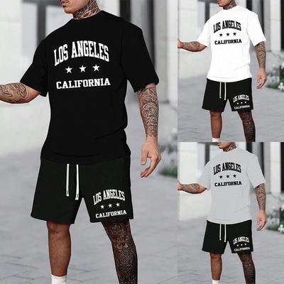Men's Casual Sports Set Printed Letters Summer Fashion Breathable Refreshing Suit Oversized Men's Loose Top Round Neck T-shirt
