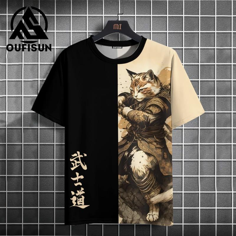 Japanese Samurai Cat 3D Print Sports Quick Dry Breathable Men T-shirt Outdoor Harajuku Street Casual Cute Y2K Short Sleeve Top