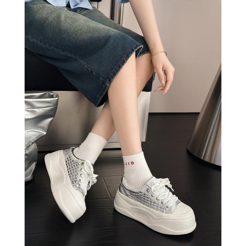 

Leather women s shoes summer new thick-soled heightening little white shoes hollow woven muffin board shoes casual shoes 40 срібний