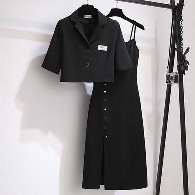 Moda Nero Temperamento Estivo da Donna Abito Sottile Piccolo Abito Ong Spallina Sospensori Abito Due Pezzi Taglia Forte