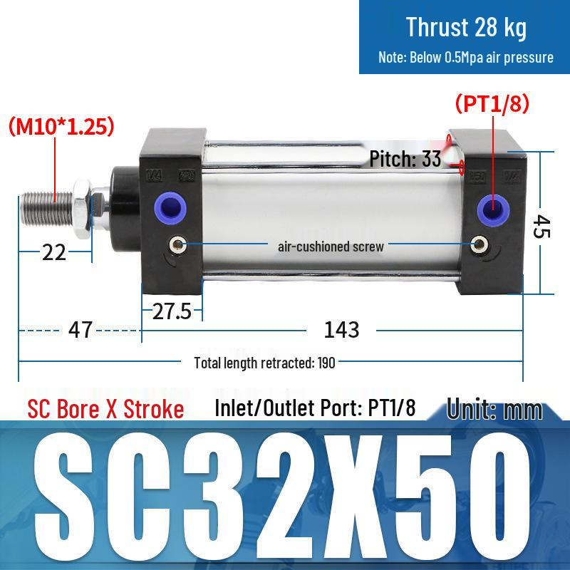 SC63 High Thrust Small Pneumatic Cylinder, Model SC40/50/80/100*125X150X200X500-S