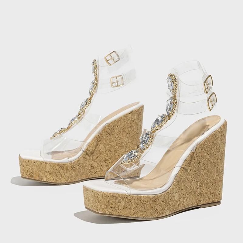 

Новое поступление модные босоножки на танкетке с кристаллами и бриллиантами для женщин летние открытые носки на платформе высокие каблуки платье прозрачные туфли 35
