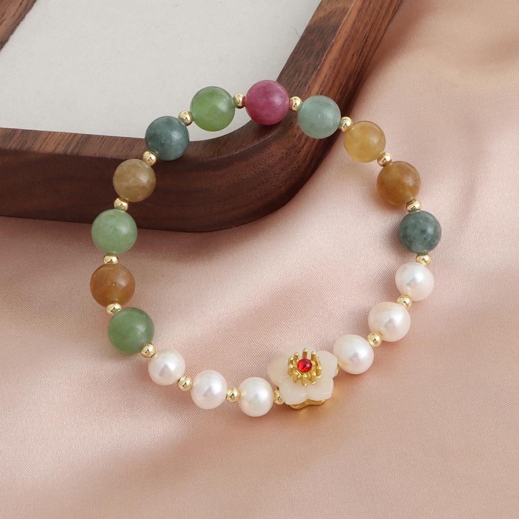 Natural freshwater pearl powder crystal aquamarine crystal bracelet peach blossom hand jewelry bracelet small fresh jewelry