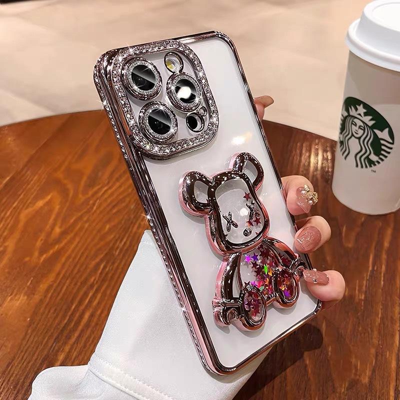 Quicksand Violent Bear Applies To Apple 17 Mobile Phone Case Electroplated Rhinestone iPhone16promax Lens Flash Drill Soft Case