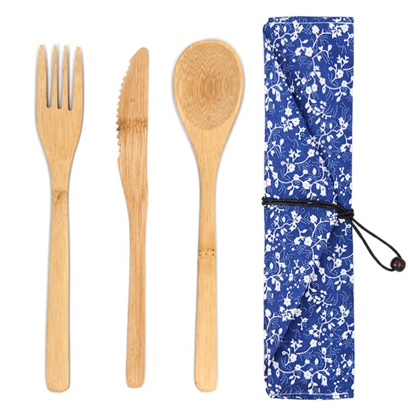 3Pcs/set Wooden Dinnerware Set Bamboo Fork Knife Soup Teaspoon Catering Cutlery Set With Cloth Bag Kitchen Cooking Tools Utensil