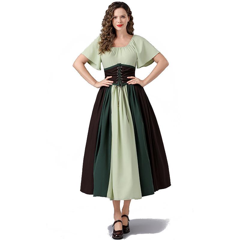 Cosplay European and American retro dress contrasting color splicing Feifei sleeves lace waist princess dress one-word shoulder dress skirt tutu skirt