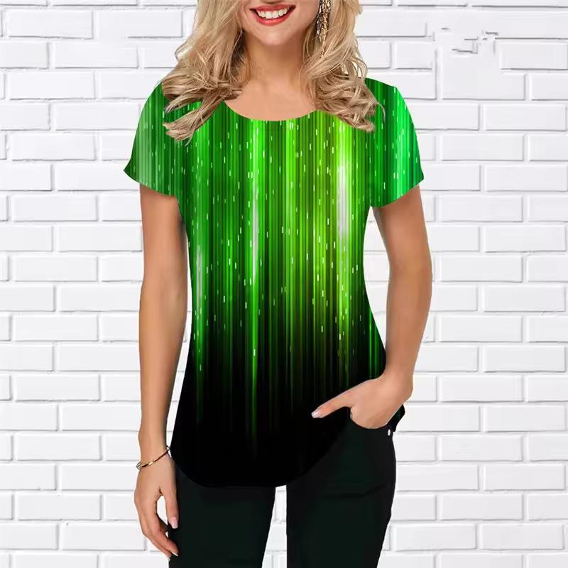 Summer Round Neck 3D Gradual Glitter Print Top Fashionable Casual Short Sleeved Women's T-shirts