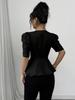 Elegant Black Square Neck Button-Up Short Sleeve Top