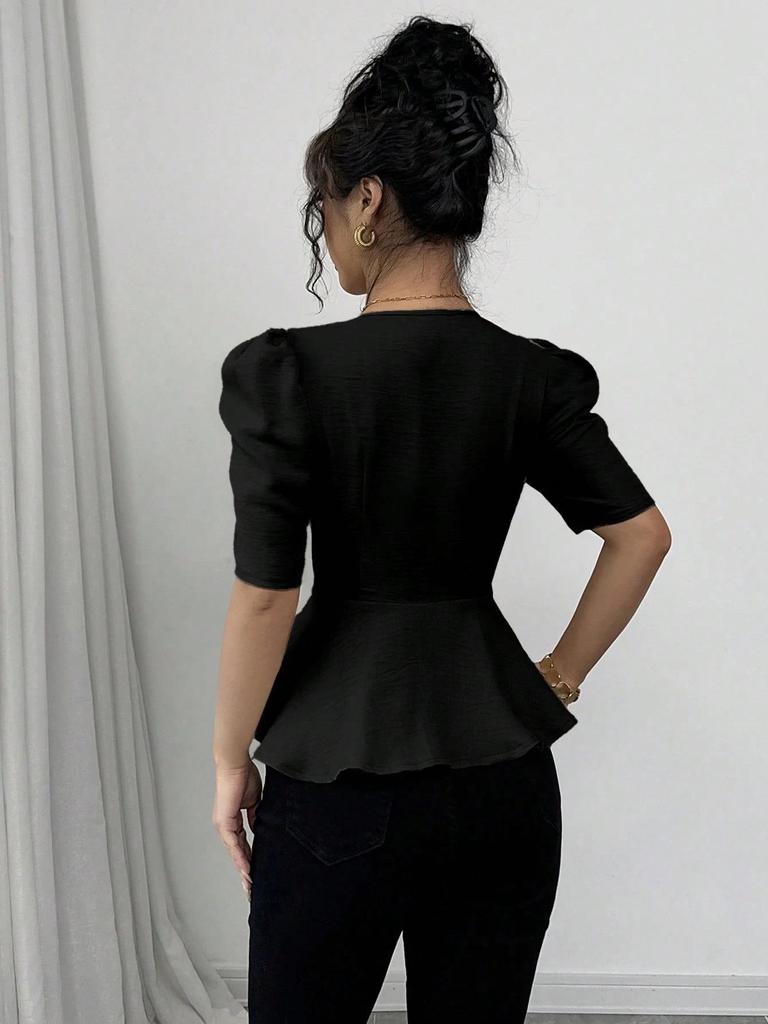 Elegant Black Square Neck Button-Up Short Sleeve Top