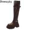 Moda Zima Moda Platforma Kobieta Kozaki do Kolana Modna Klamra Paska Kwadratowe Obcasy Nowoczesne Długie Botki
