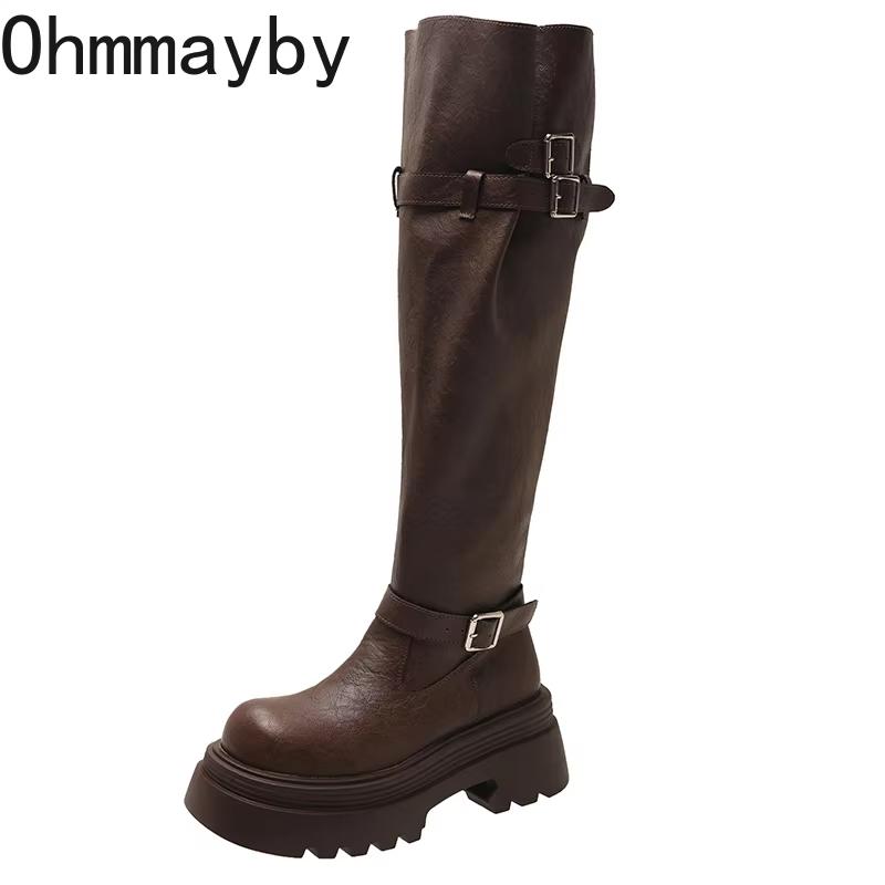 Fashion Winter Fashion Platform Woman Knee High Boots Fashion Belt Buckle Square Heels Modern Long Booties