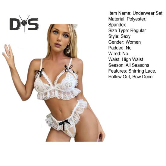2 Pcs/Set Bra Panties Set Hollow Out Shirring Lace Bow Decor Solid Color Adjustable Strap Thin Bra High Waist Open Crotch G-string Wedding Night