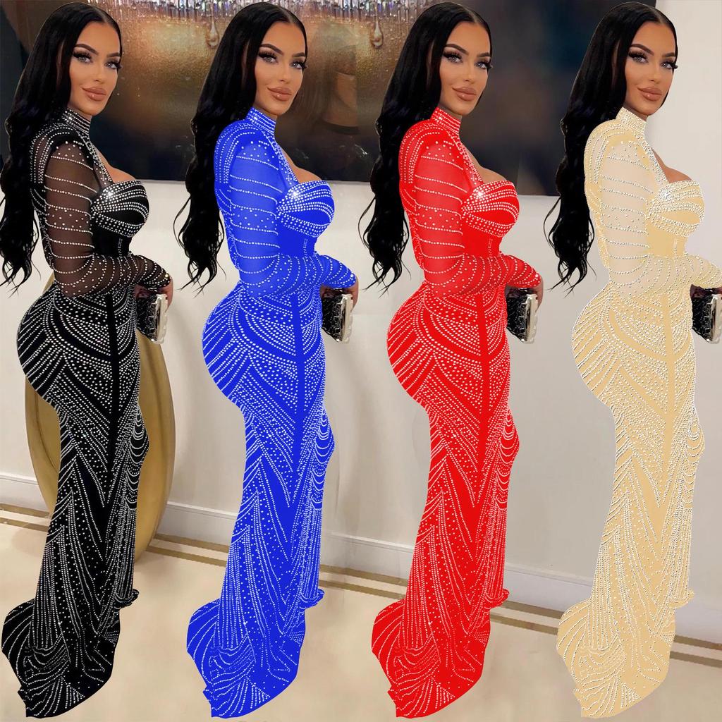 V-neck Long Sleeve Mesh Dress with Hot Drill Accents