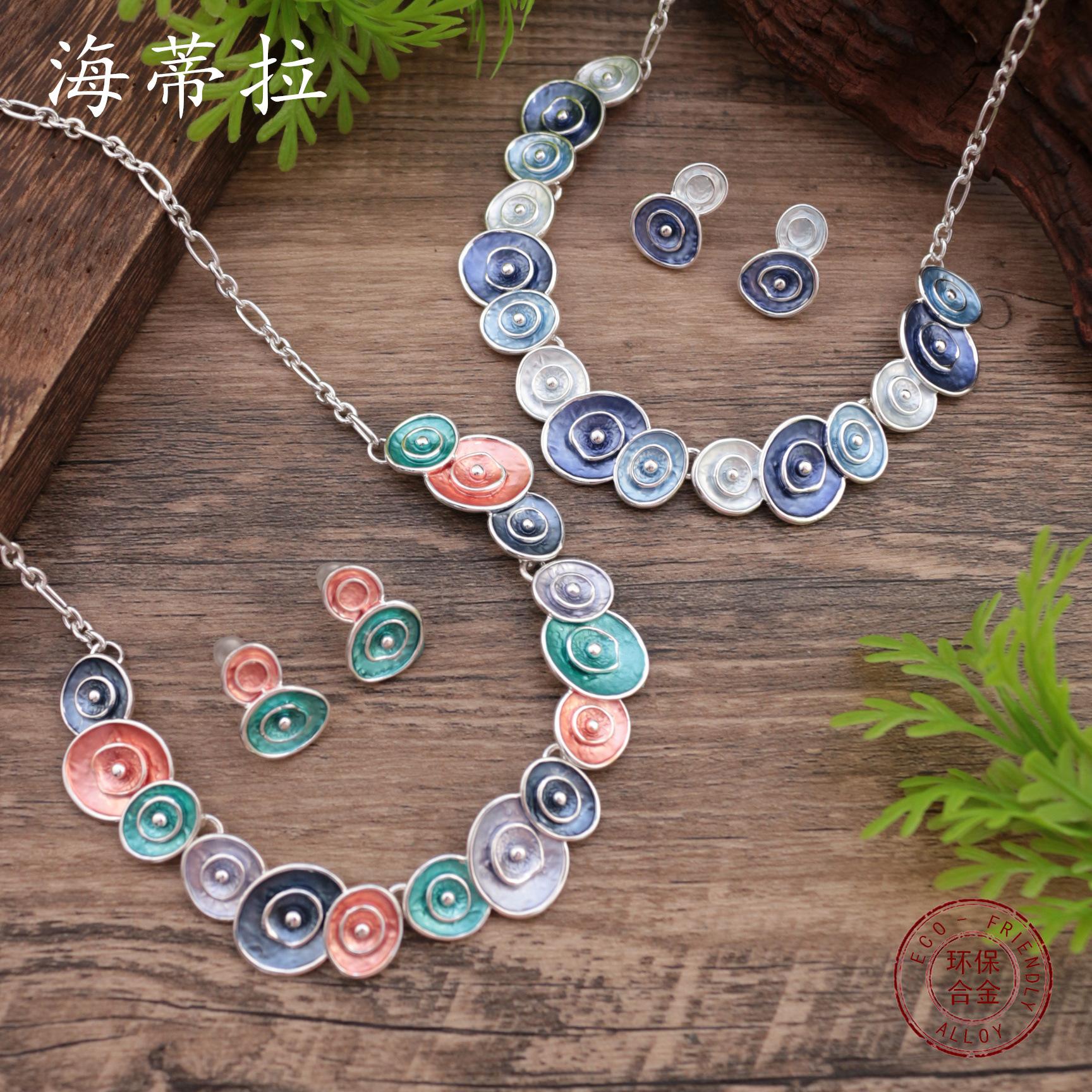 

New enamel color round flower stud earrings necklace set, women s fashion high-end petal necklace