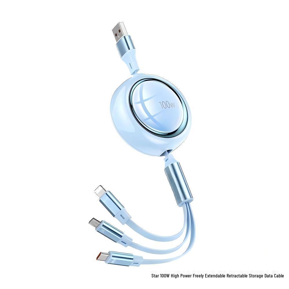 100W 3-in-1 Retractable Fast Charging Cable for Apple, Android, and Type-C Devices