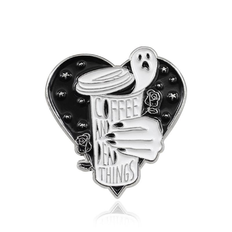 Heart & Ghosts Drip Oil Brooch: Black Rose & Coffee Cup Design