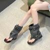 Fashion Toe Sandals Denim Metal Belt Buckle Inside Heightened Round Toe Flat Anti-Slip Trouser Leave Cold Boots