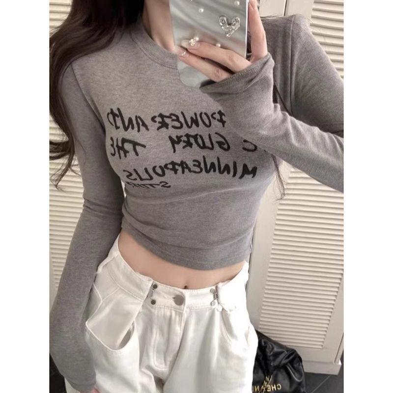 German velvet warm T-shirt autumn and winter women's new Spice Girl long-sleeved slim-fitting printed alphabet bottoming shirt with top