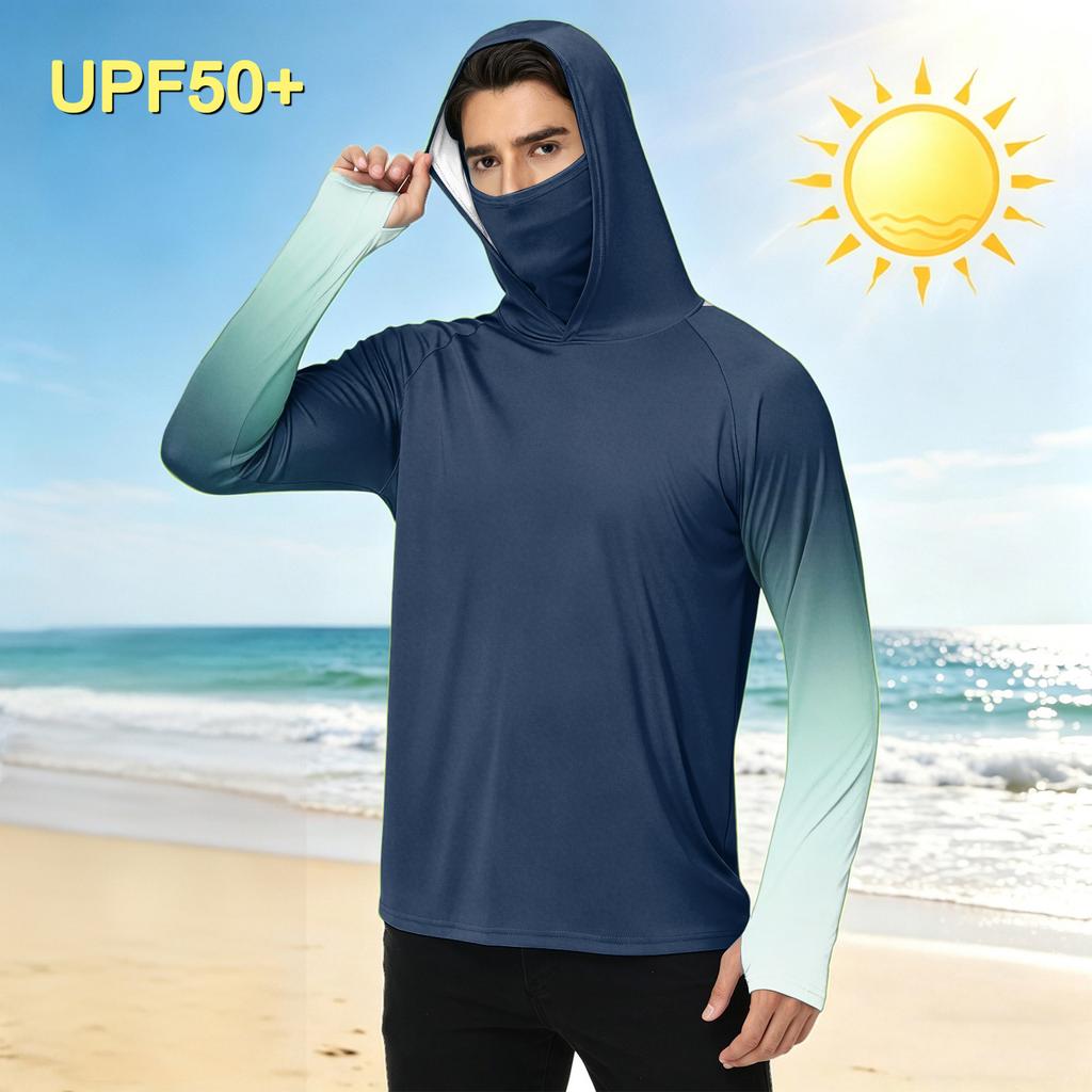 Men's Casual Outdoor Gradient Print Hooded Long Sleeve Sun Protection Shirt Lightweight Breathable UV Resistant Pullover Top
