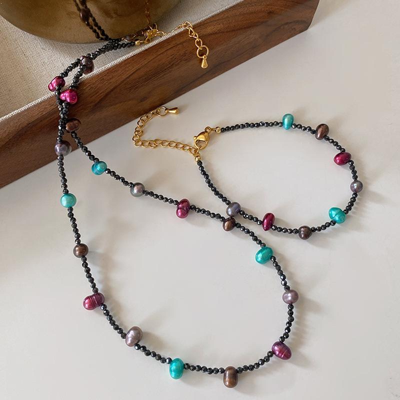 Pearl Necklace Does Not Fade, Women Wear Natural Obsidian Sweater Chain, Beaded Collarbone Chain, High-End Niche