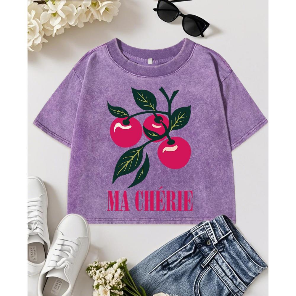 

Ma Cherry Fruits Printed Women Washed Crop T-Shirt Cotton Casual Tee Top Street Streetwear Slim Crewneck T Shirts M