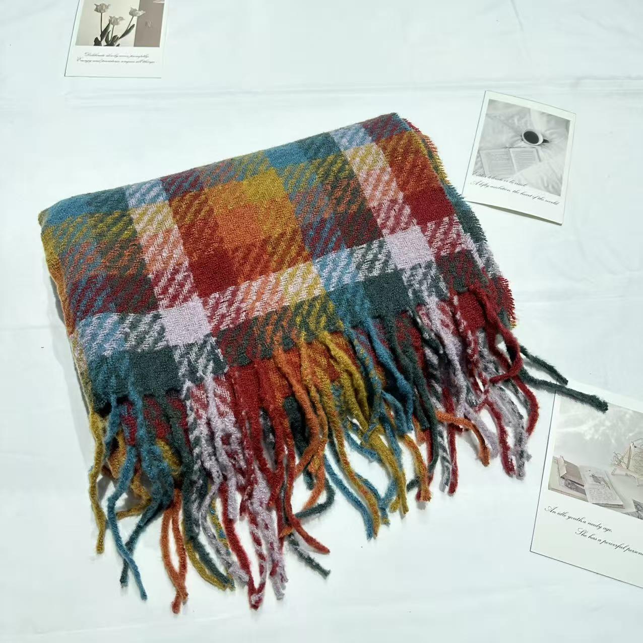 

2025 Autumn/Winter Korean Rainbow Candy Plaid Cashmere-Feel Women s Fashion Scarf: Versatile, Warm Student Shawl Above 175cm