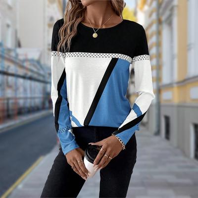Women Autumn Tops Square Color Print Causal Long Sleeve T-shirt Top Blouse