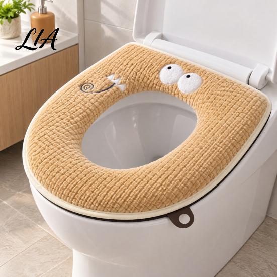 Winter Warm Toilet Seat Cover Zippered with Handle, Soft Jacquard Suede Hygienic Lifter Mat, Cartoon Pattern Washable Bathroom Pad for Most
